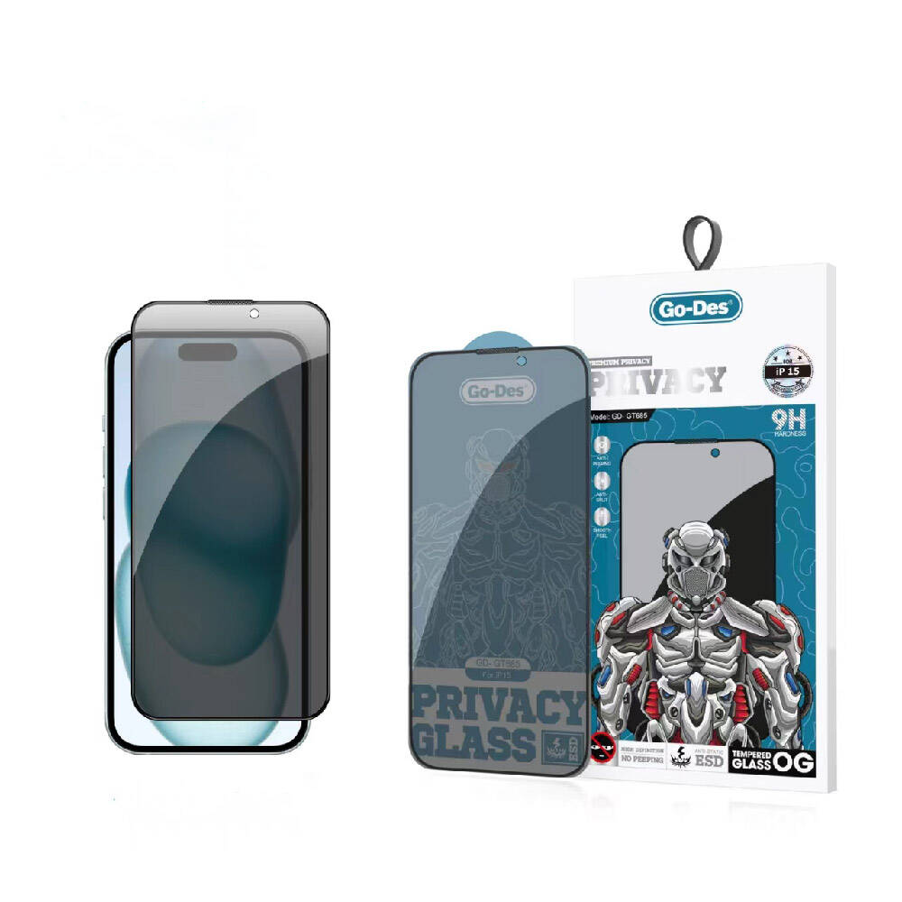 Apple iPhone 15 Go Des 9D Full Cover Privacy Temperli Cam Ekran Koruyucu Siyah