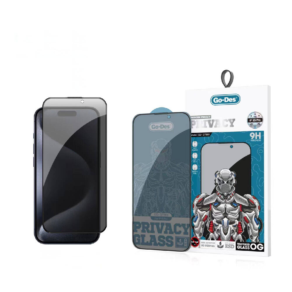 Apple iPhone 15 Pro Go Des 9D Full Cover Privacy Temperli Cam Ekran Koruyucu Siyah