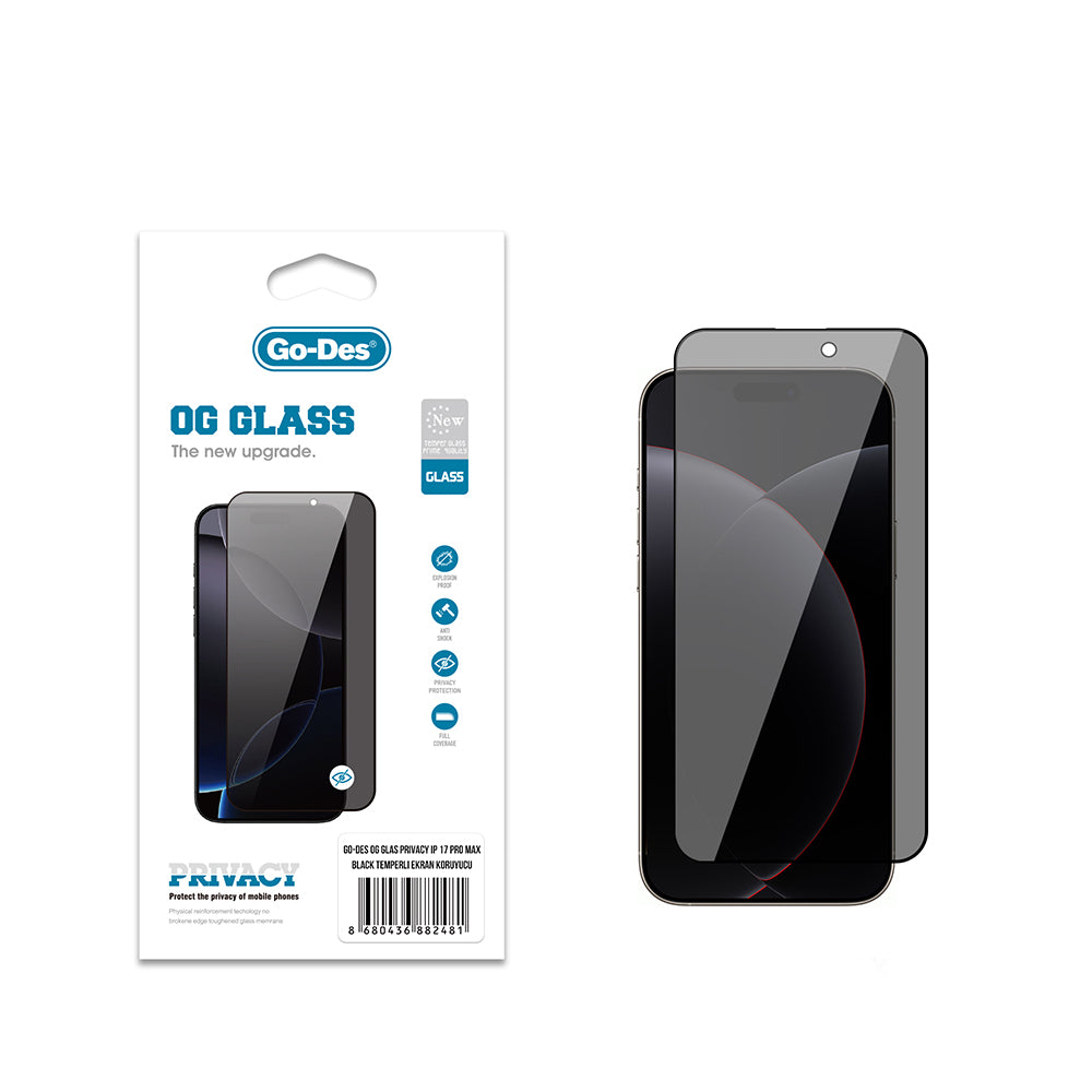 Apple iPhone 17 Pro Max Go Des OG Glass Privacy Antistatik Temperli Cam Ekran Koruyucu