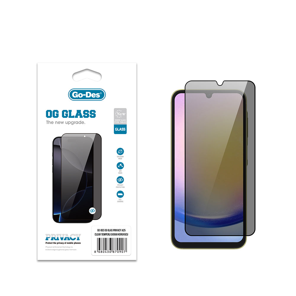Galaxy A25 Go Des OG Glass Privacy Antistatik Temperli Cam Ekran Koruyucu