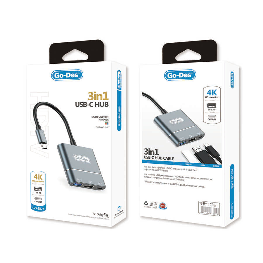 Go Des GD-6827 Type-C to HDTV 3 in 1 Dönüştürücü Adaptör Gri