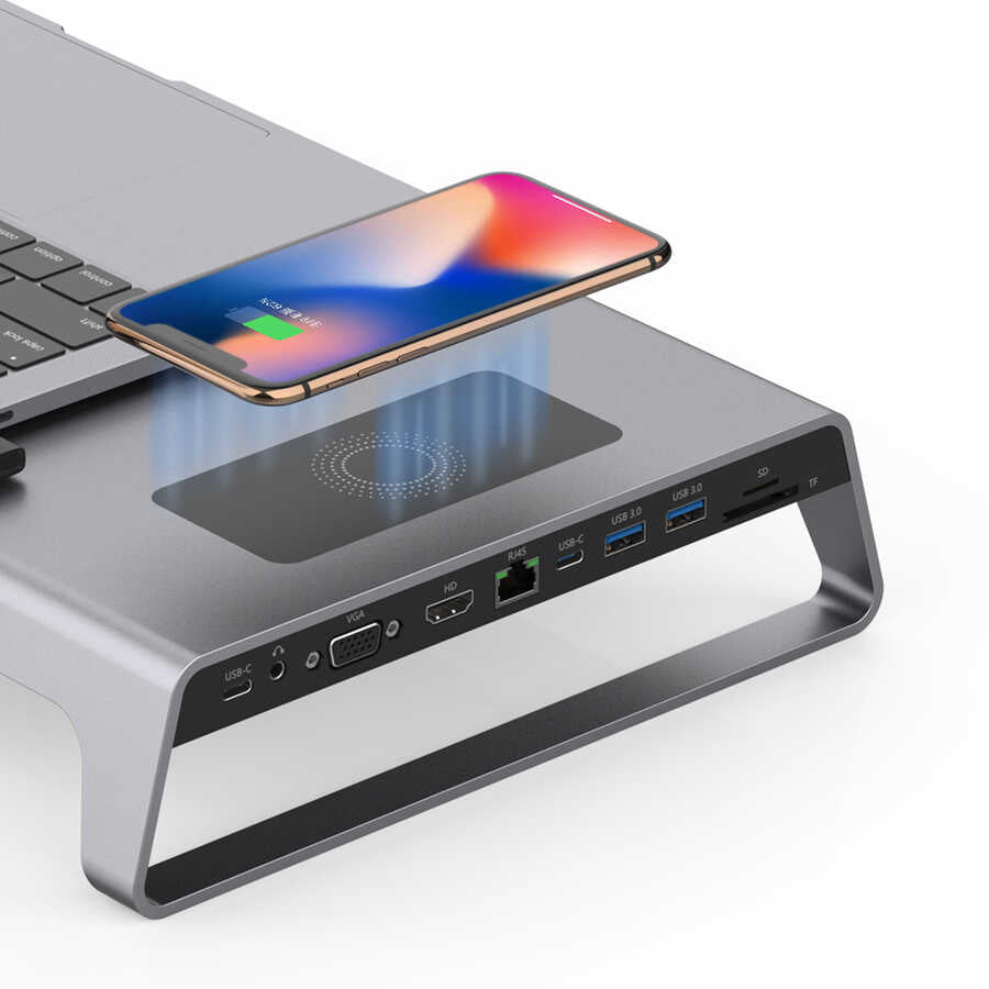 Go Des GD-9128 Hub ve Kablosuz Şarj Destekli Laptop Standı Docking Station Stand Gri