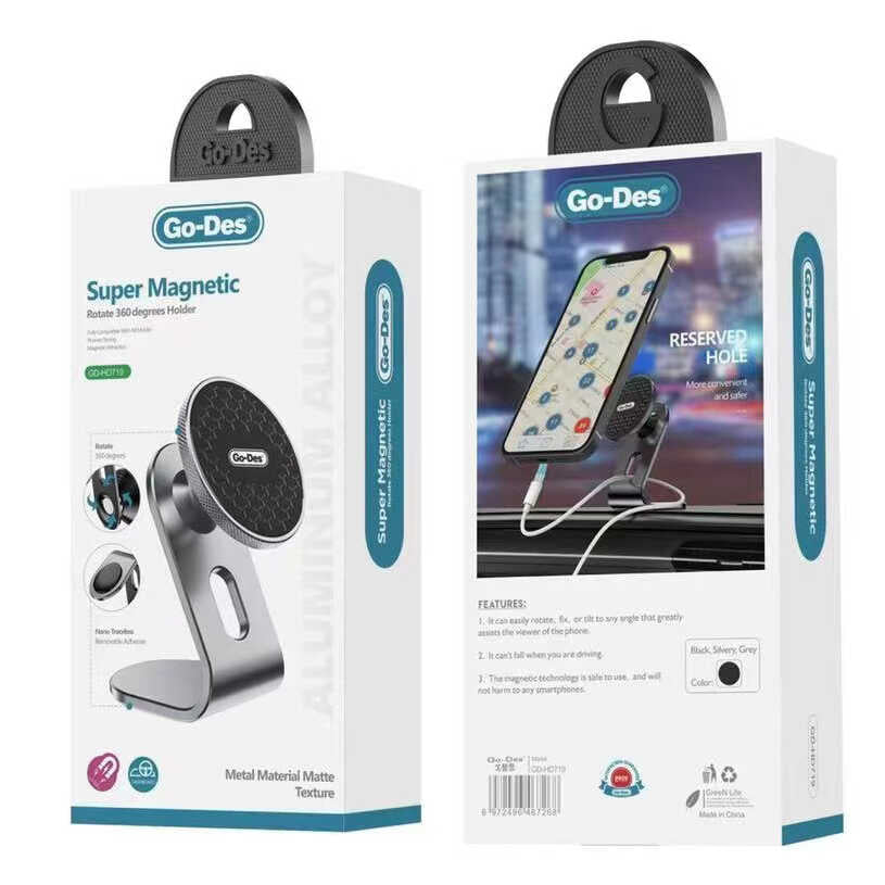 Go Des GD-HD719 360 Derece Dönebilen Magnetik Araç İçi Telefon Tutucu Düz Zemin Versiyon Gri