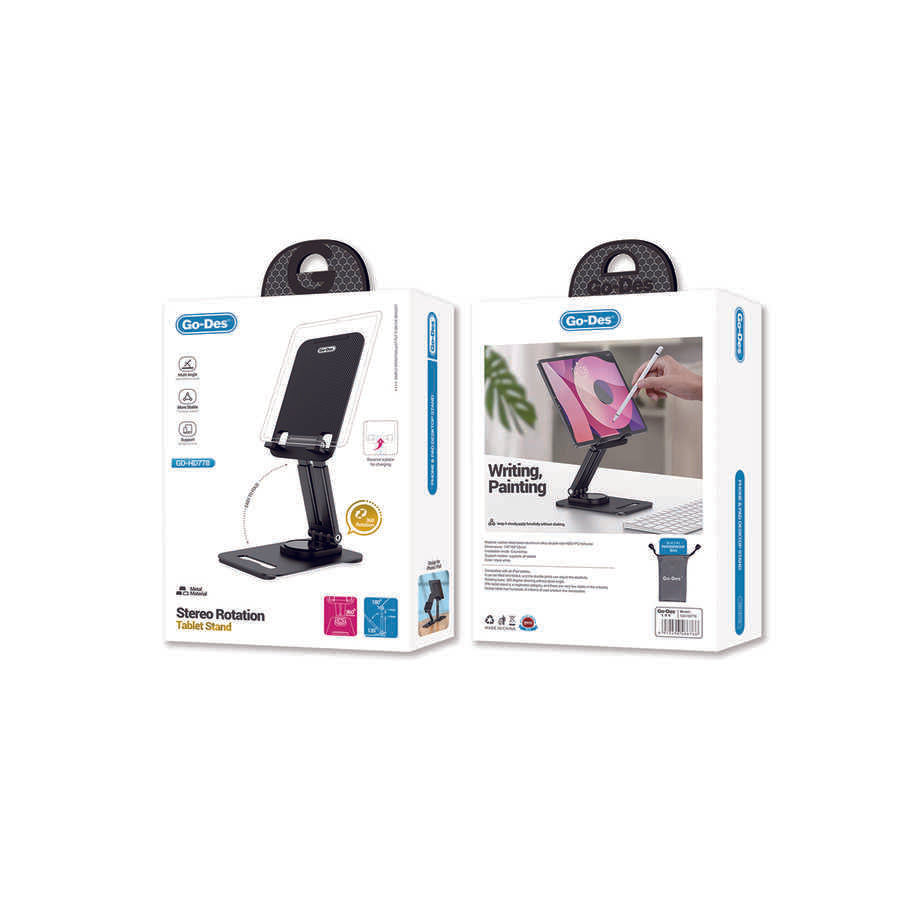Go Des GD-HD778 Uzayabilen 360 Döner Başlıklı Metal Tablet Standı Siyah