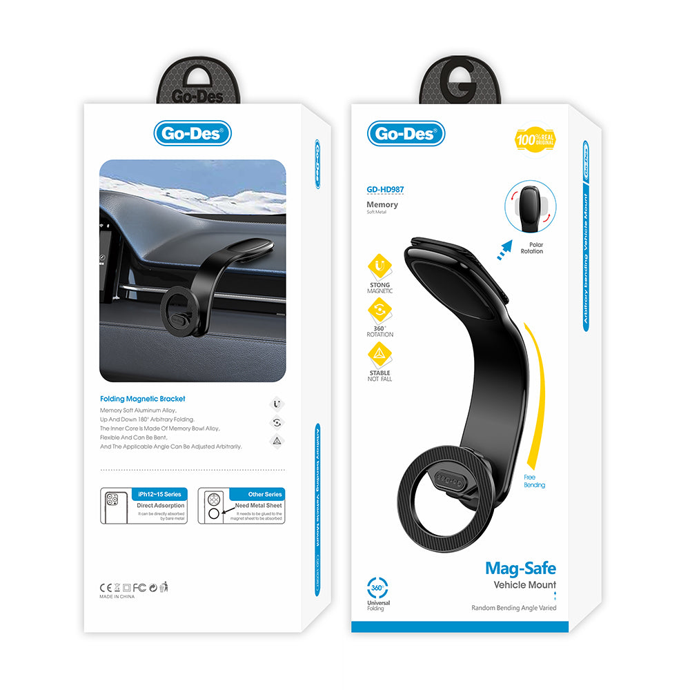 Go Des GD-HD987 Magnetik M-safe Uyumlu Bükülebilen Eğimi ve Düz Zemin Araç Telefon Tutucu Siyah