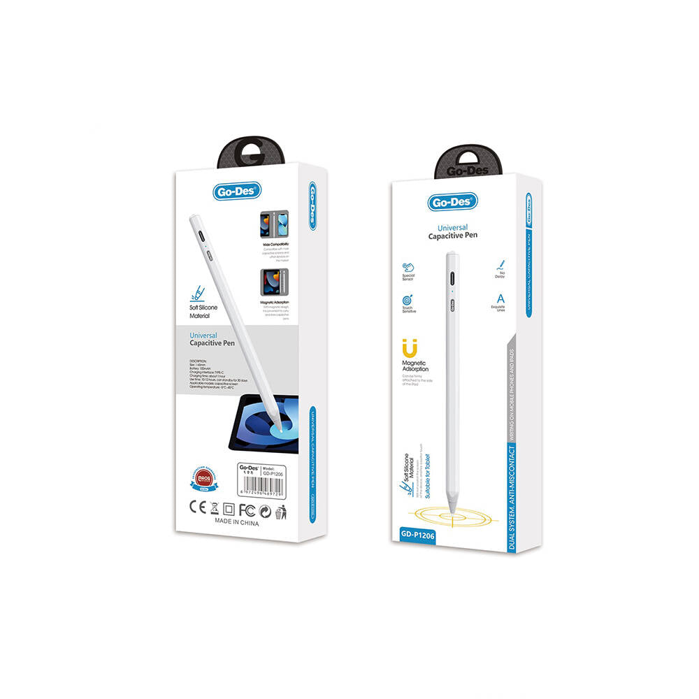 Go Des GD-P1206 Palm-Rejection Avuç İçi Reddi Özelliği Magnetik Universal Stylus Çizim Kalemi Beyaz