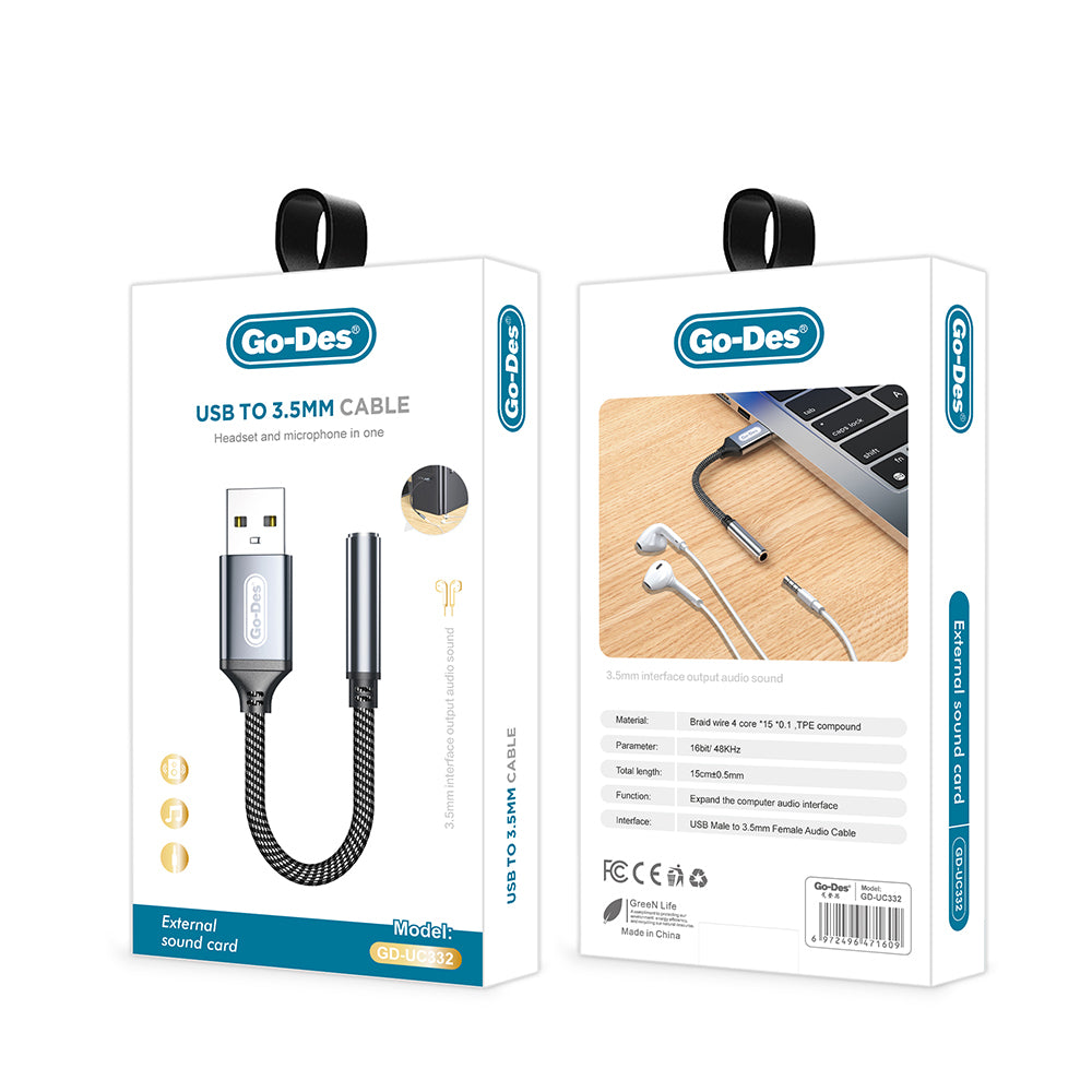 Go Des GD-UC332 USB-A to 3.5mm Aux Çevirici Ses Adaptörü Gri