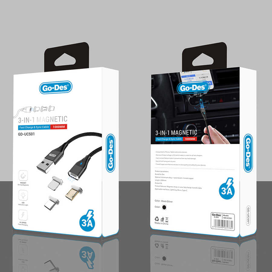 Go Des GD-UC501 3 in 1 Magnetic Fast Charger & SYNC Kablo Siyah