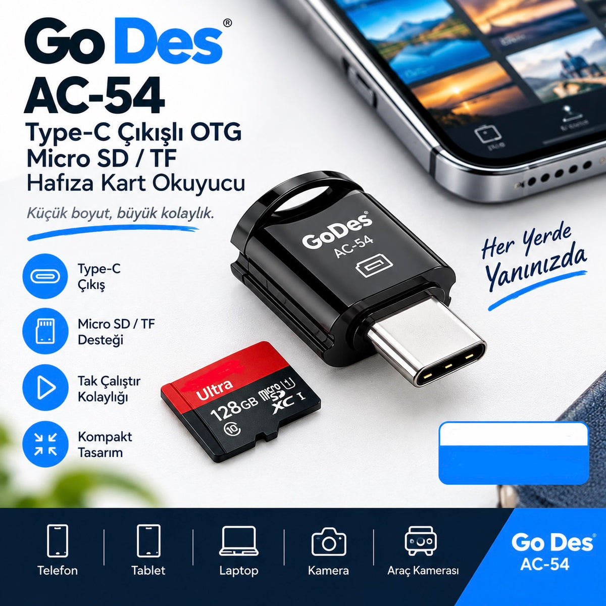 Go Des Ac-54 Type-C Çıkışlı Otg Micro Sd TF Hafıza Kart Okuyucu Siyah Tak Çalıştır