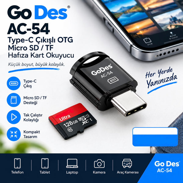 Go Des Ac-54 Type-C Çıkışlı Otg Micro Sd TF Hafıza Kart Okuyucu Siyah Tak Çalıştır