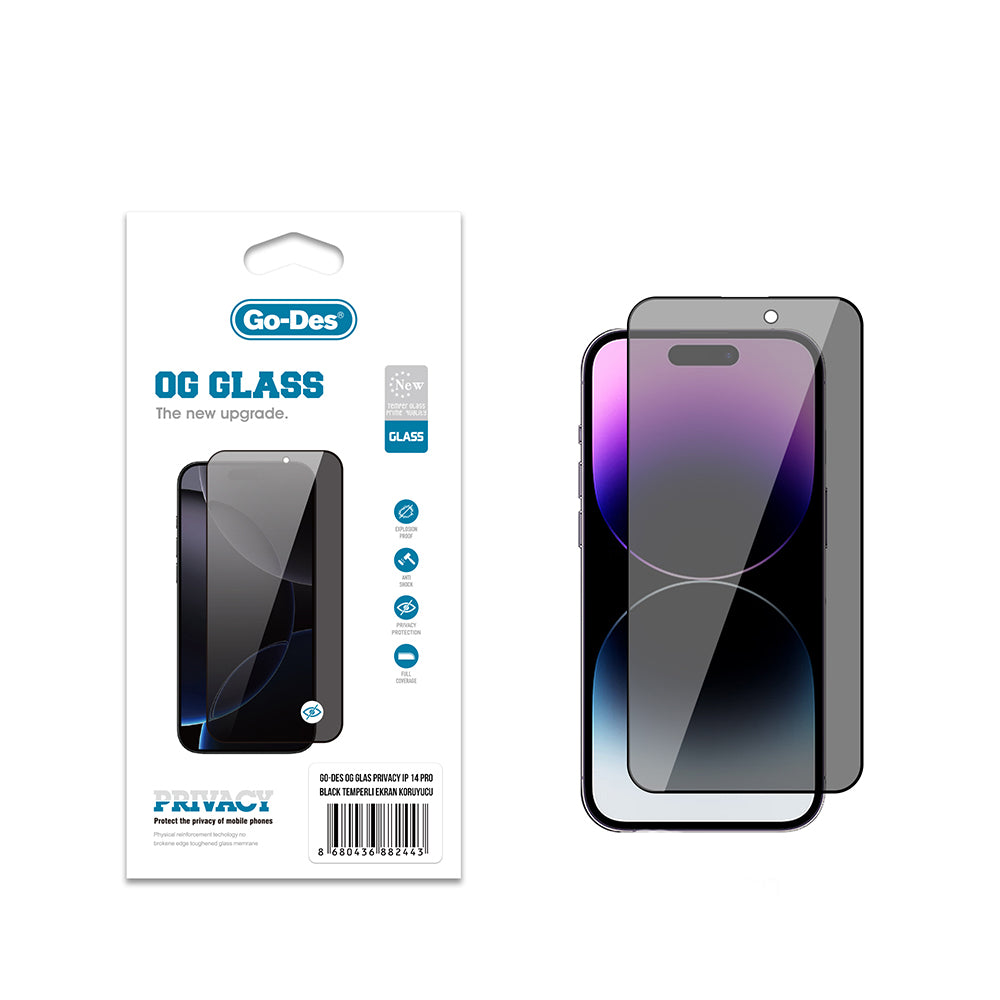 Apple iPhone 14 Pro Go Des OG Glass Privacy Antistatik Temperli Cam Ekran Koruyucu