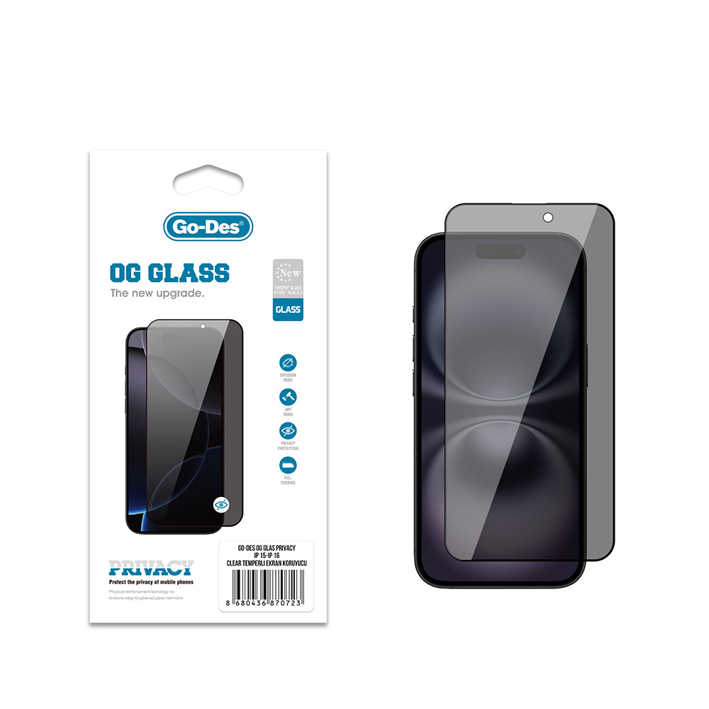 Apple iPhone 15 Go Des OG Glass Privacy Antistatik Temperli Cam Ekran Koruyucu