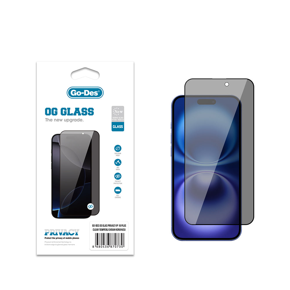 Apple iPhone 16 Plus Go Des OG Glass Privacy Antistatik Temperli Cam Ekran Koruyucu