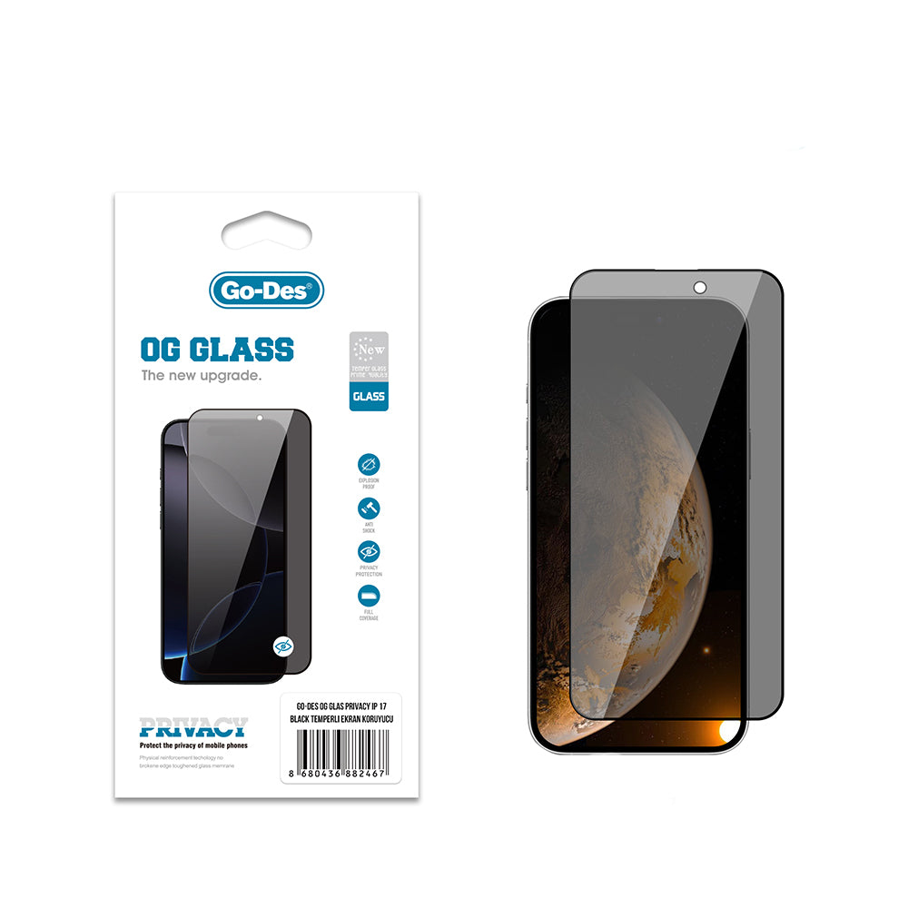 Apple iPhone 17 Go Des OG Glass Privacy Antistatik Temperli Cam Ekran Koruyucu