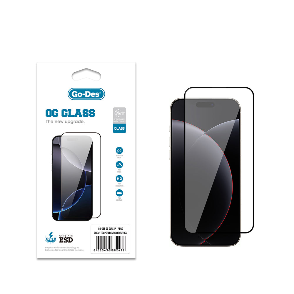 Apple iPhone 17 Pro Go Des OG Glass Antistatik Temperli Cam Ekran Koruyucu