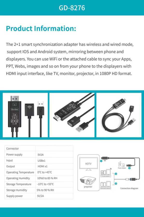 Go Des GD-8276 Wireless Display Dongle Phone Full HDTV Kablo Siyah