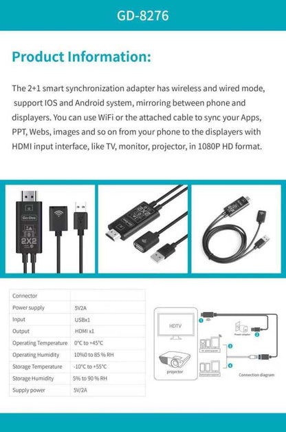 Go Des GD-8276 Wireless Display Dongle Phone Full HDTV Kablo Siyah