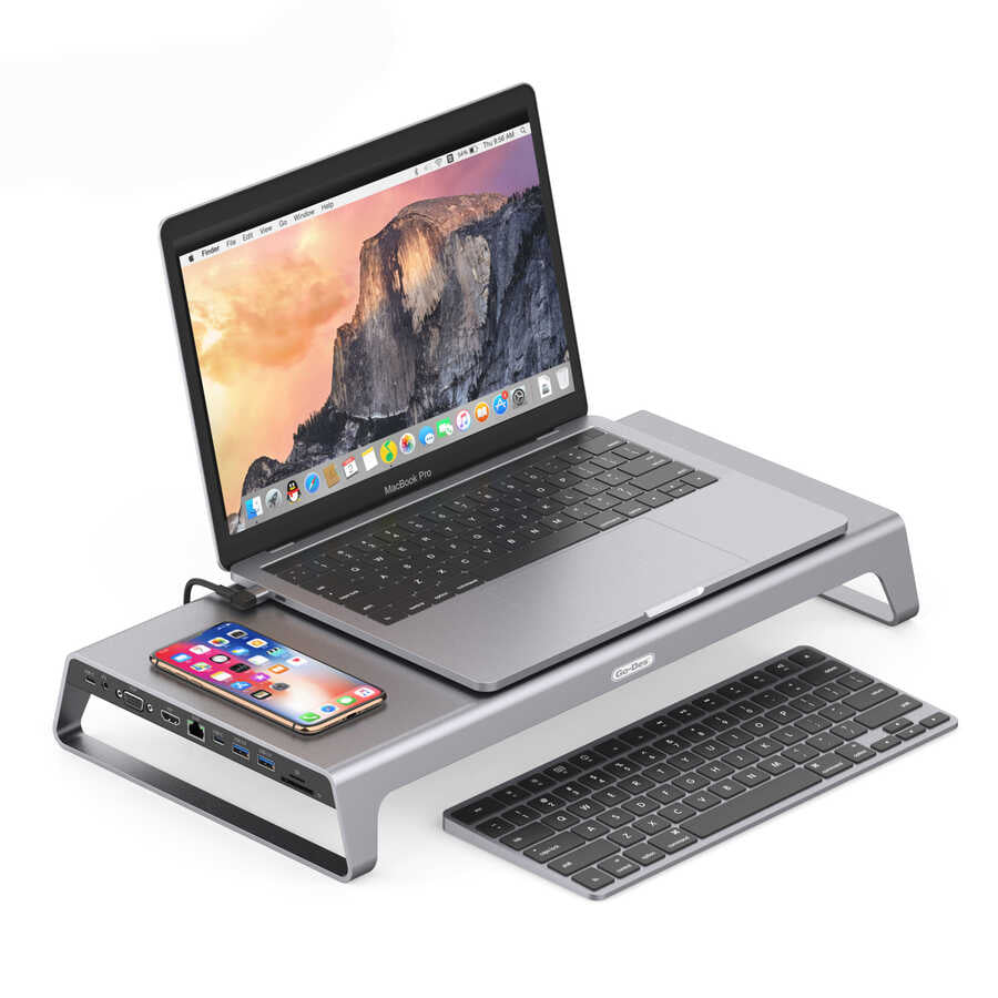 Go Des GD-9128 Hub ve Kablosuz Şarj Destekli Laptop Standı Docking Station Stand Gri