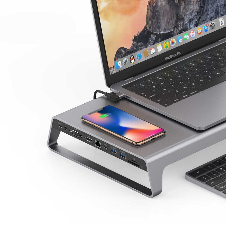Go Des GD-9128 Hub ve Kablosuz Şarj Destekli Laptop Standı Docking Station Stand Gri