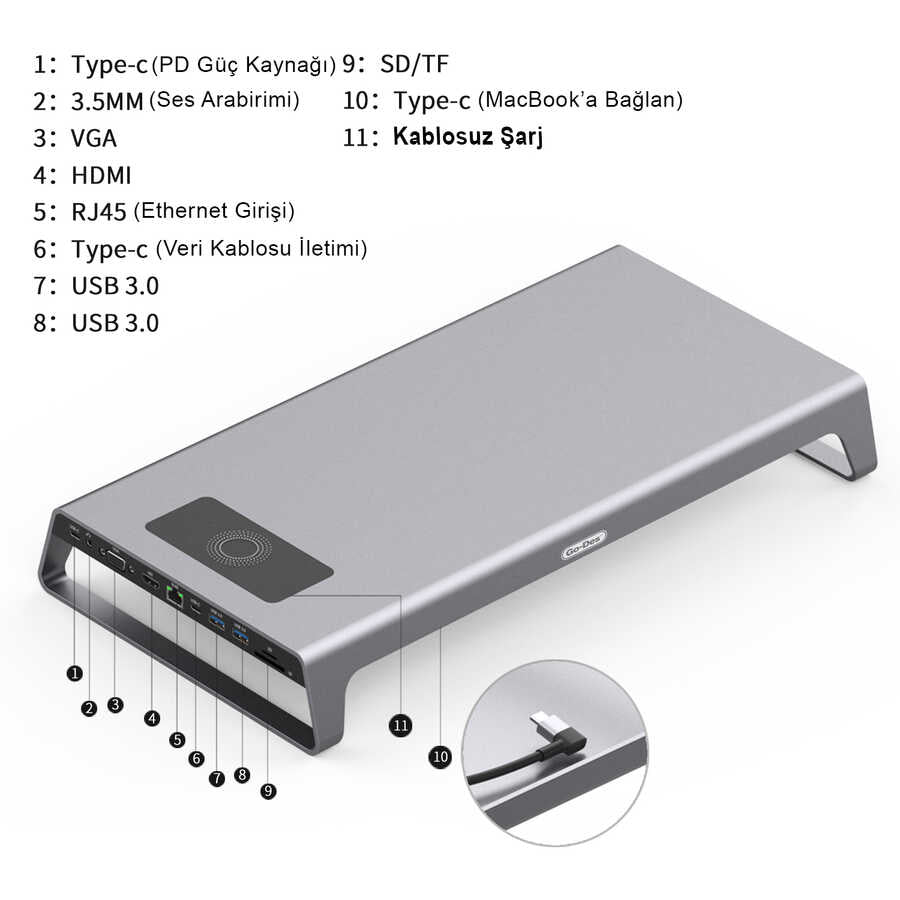 Go Des GD-9128 Hub ve Kablosuz Şarj Destekli Laptop Standı Docking Station Stand Gri