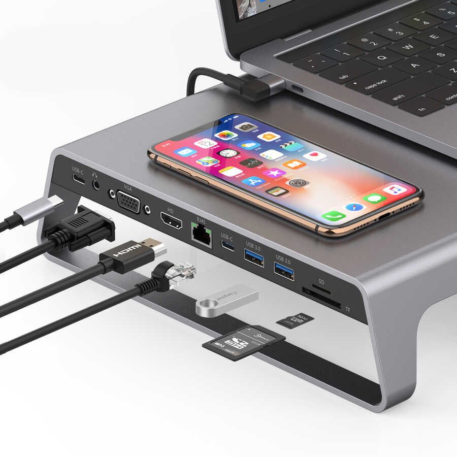 Go Des GD-9128 Hub ve Kablosuz Şarj Destekli Laptop Standı Docking Station Stand Gri