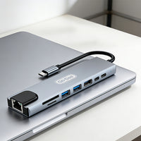 Go Des GD-9218 Type-C Bağlantılı 8in1 USB3.0 + PD + Hdmi 4K Ultra HD + RJ45 + SD/TF Bağlantılı Hub Adaptör
