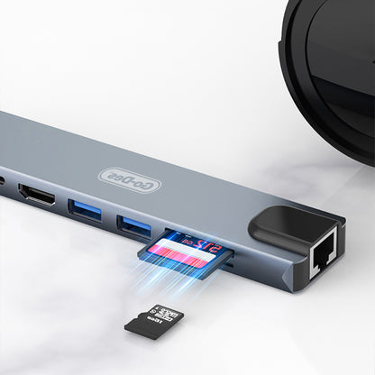 Go Des GD-9218 Type-C Bağlantılı 8in1 USB3.0 + PD + Hdmi 4K Ultra HD + RJ45 + SD/TF Bağlantılı Hub Adaptör