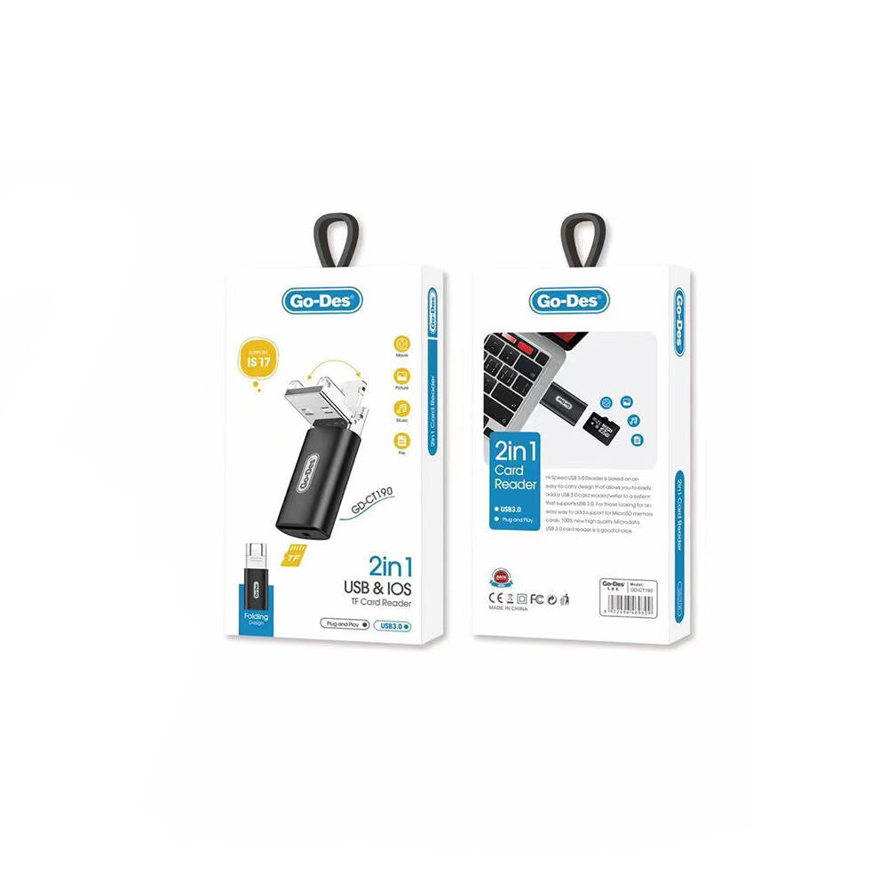 Go Des GD-CT190 TF to USB-A/Lightning 2in1 OTG Hafıza Kart Okuyucu Siyah