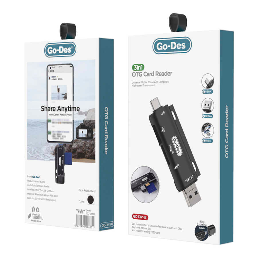 Go Des GD-DK108 3 in 1 OTG Hafıza Kart Okuyucu Siyah