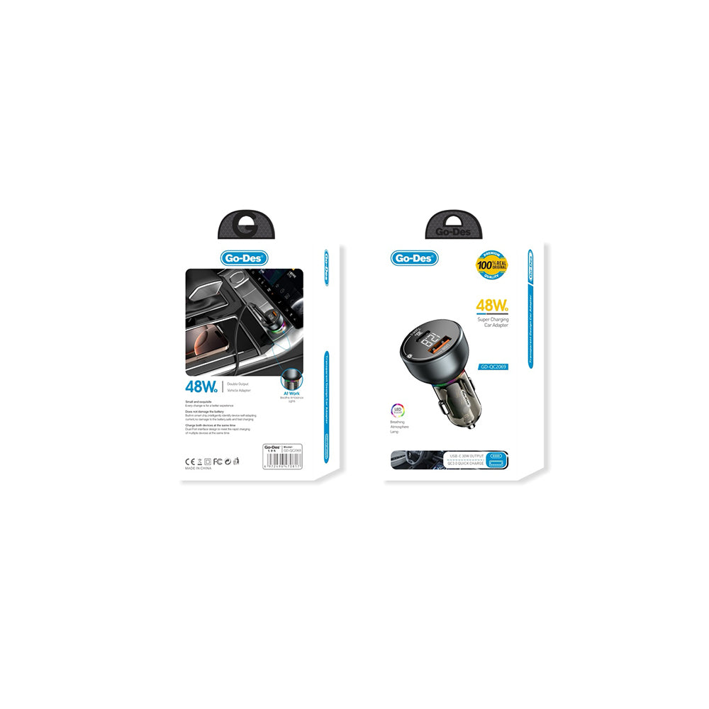 Go Des GD-QC2069 48W Hızlı Şarj Özellikli Dijital Göstergeli Araç Şarj Başlığı