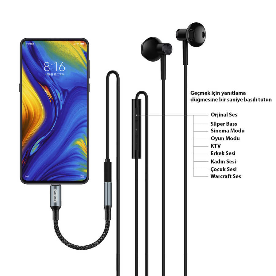 Go Des GD-UC088 Type-C To 3.5mm Çevirici Siyah