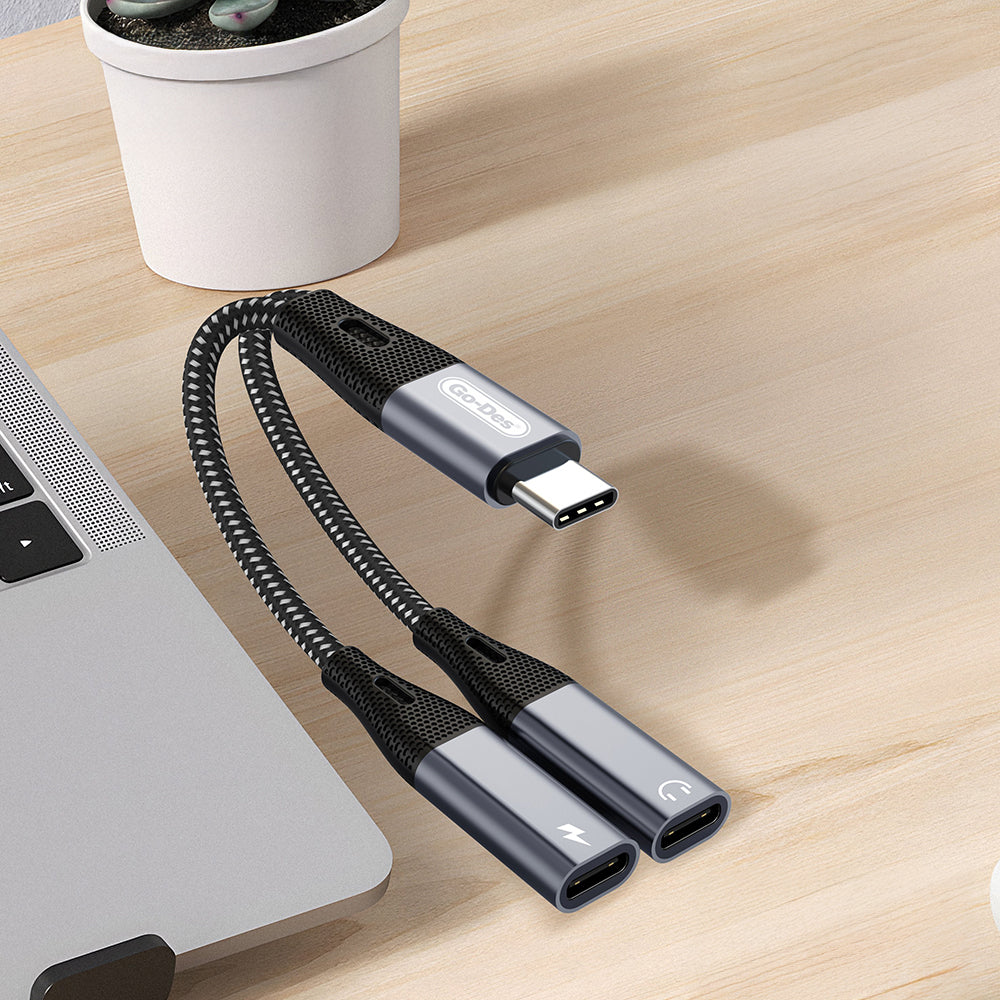 Go Des GD-UC163 Type-C 2in1 Şarj ve Ses Kablosu Siyah
