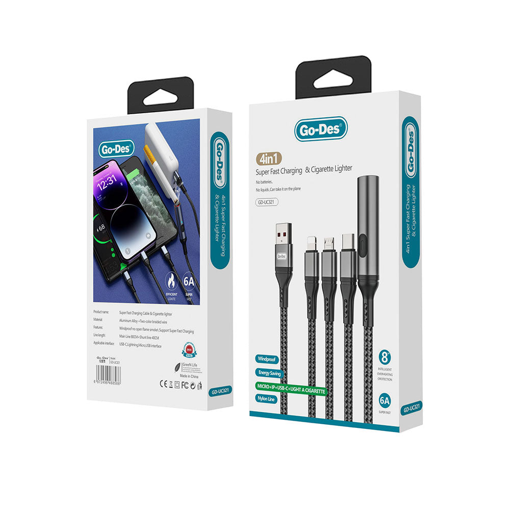 Go Des GD-UC321 4in1 Lightning – Type-C – Micro USB Ultra Hızlı Şarj Kablosu + Çakmak Gri