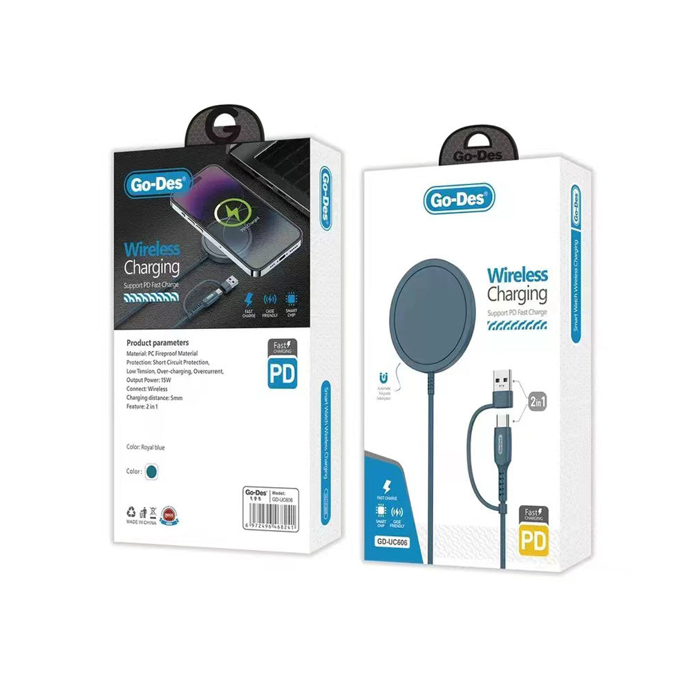Go Des GD-UC606 2 in 1 Usb - PD M-safe Wireless Şarj Aleti 15W Royal Mavi