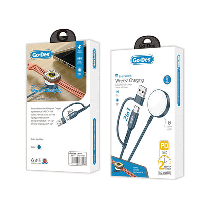 Go Des GD-UC608 Apple Watch Serisi Akıllı Saat Wireless 2 in 1 PD - Usb Hızlı Şarj Kablosu Royal Mavi
