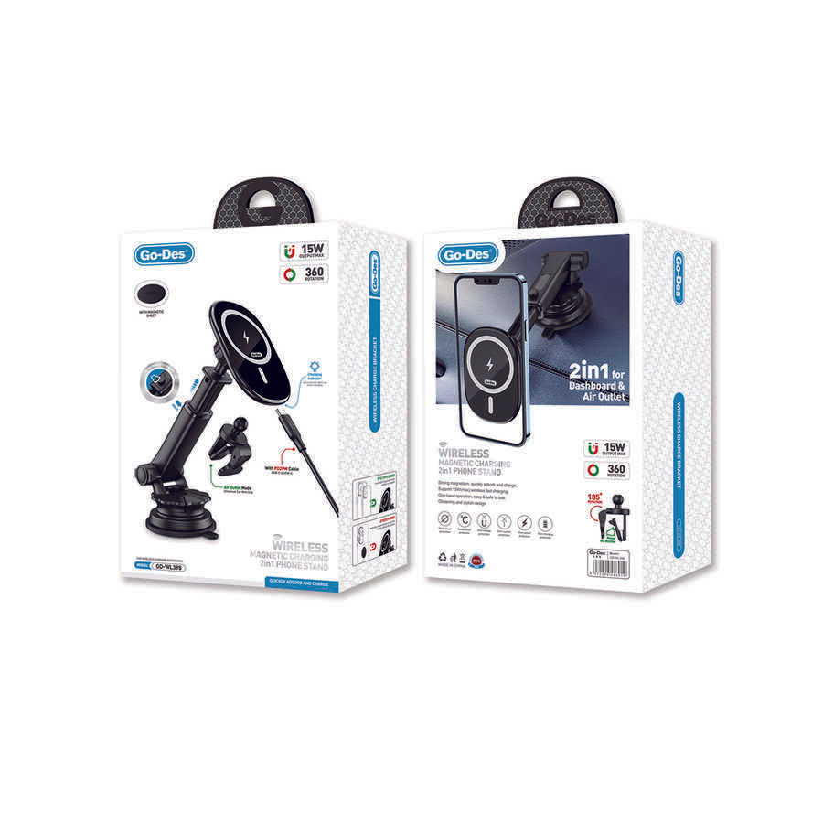 Go Des GD-WL398 Magnetik Wireless Şarj Özellikli 2 in 1 Telefon Tutucu Vantuzlu Tasarım Siyah